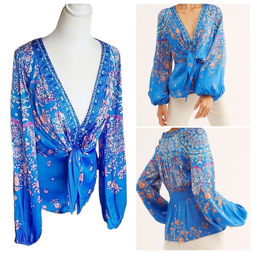 Free People | Run Free Satin V-Neck Blouse Azul Blue XS